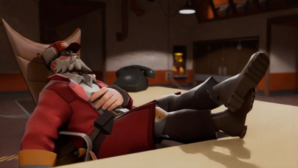 Engineer from Team Fortress 2 lounging back in RED's intelligence room desk, he has his feet crossed resting on top of the desk.