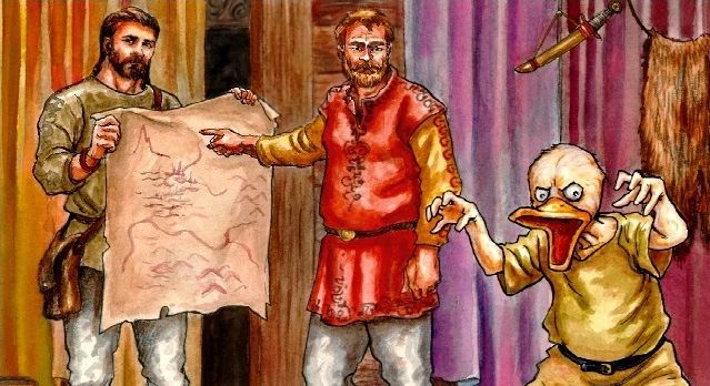 A fantasy duck man making a zombie pose in front of some humans holding a map, SEVERELY stressing the importance of killing zombies.