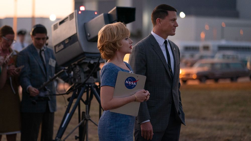 Scarlett Johansson and Channing Tatum step into Apollo program history in a scene shot on location at the Kennedy Space Center for the new movie "Fly Me to the Moon."