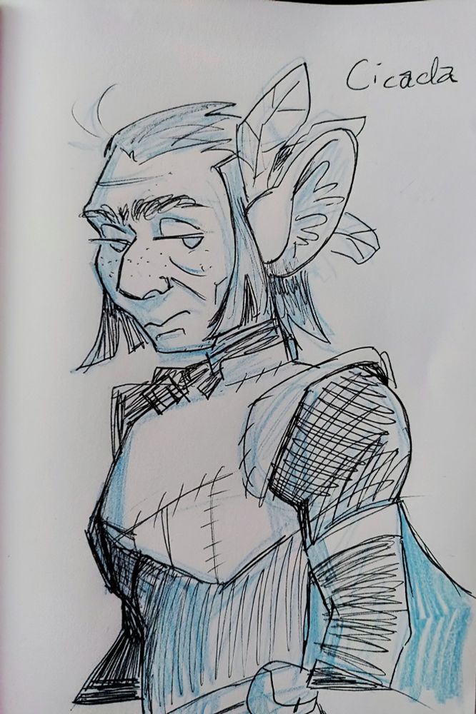 An illustration of an older gnome. Hes armoured in leathers with slicked back hair and pixie wing hair clips. He looks disgruntled.