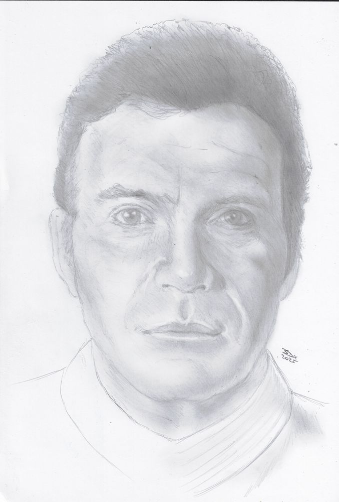 Pencil portrait of Admiral Kirk staring at the USS Enterprise in dry dock in Star Trek :TMP