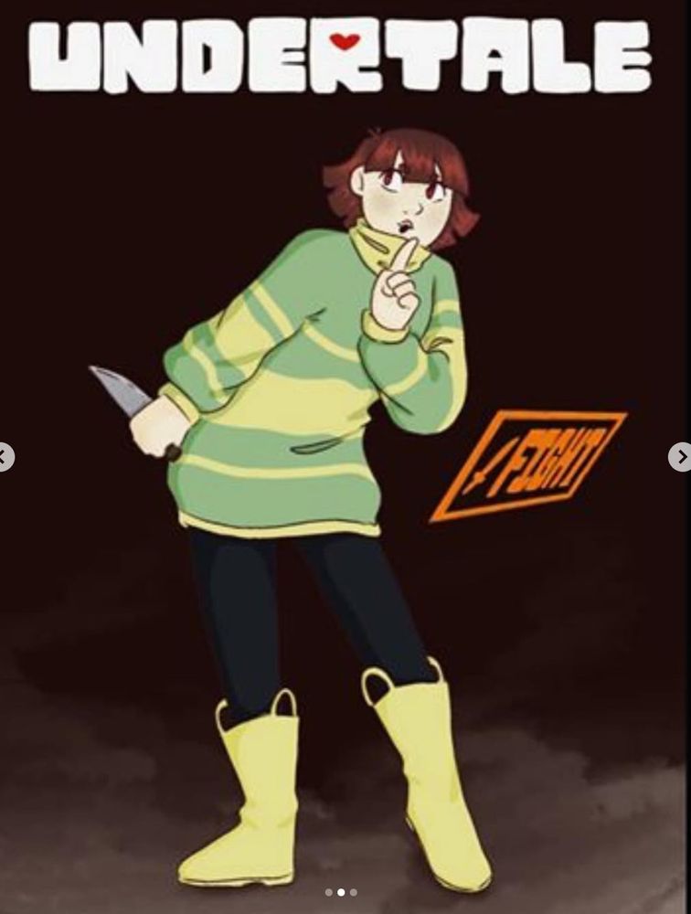 2018 drawing of chara holding a knife shushing the viewer in rain boots this time