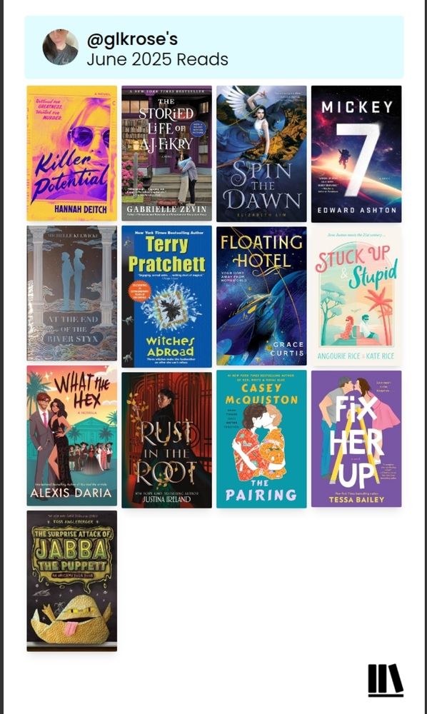 Killer Potential. The Storied Life of AJ Fikry. Spin the Dawn. Mickey7.

At the End of the River Styx. Witches Abroad. Floating Hotel. Stuck Up & Stupid.

What the Hex. Rust in the Root. The Pairing. Fix Her Up.

The Surprise Attack of Jabba the Puppett.