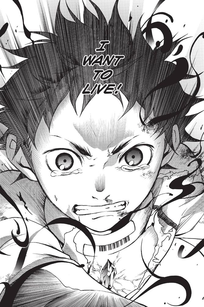 Image of Ganta Igarashi from Deadman Wonderland with his thoughts, "I want to live!"