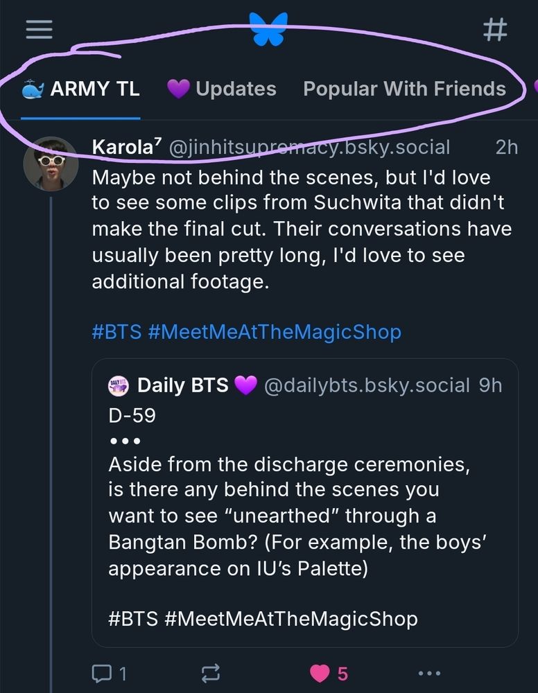 Screenshot showing pinned custom feeds at the top of Bluesky. The first one is named 🐳 ARMY TL.