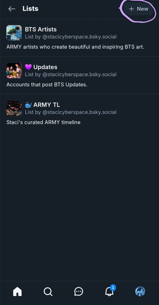 2. & 3. Screenshot showing custom created Lists in Bluesky, with the "+ New" button circled in the top right.