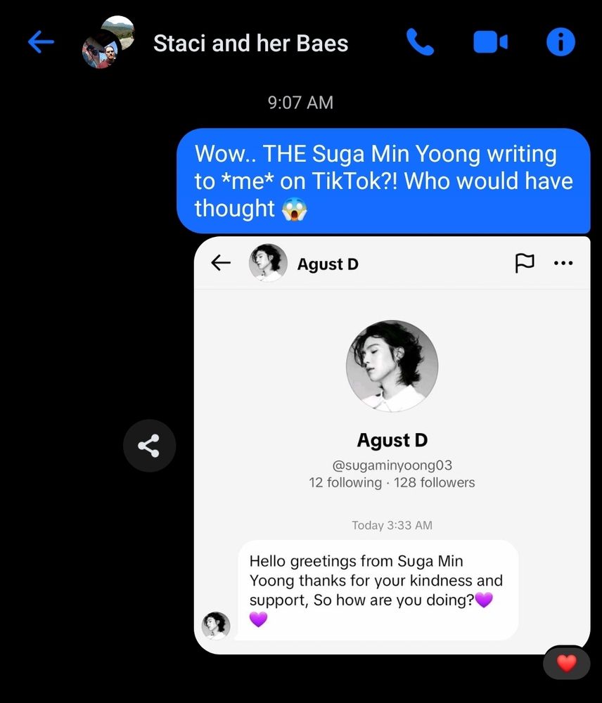 Screenshot of fake Yoongi's message sent to my bf Chris