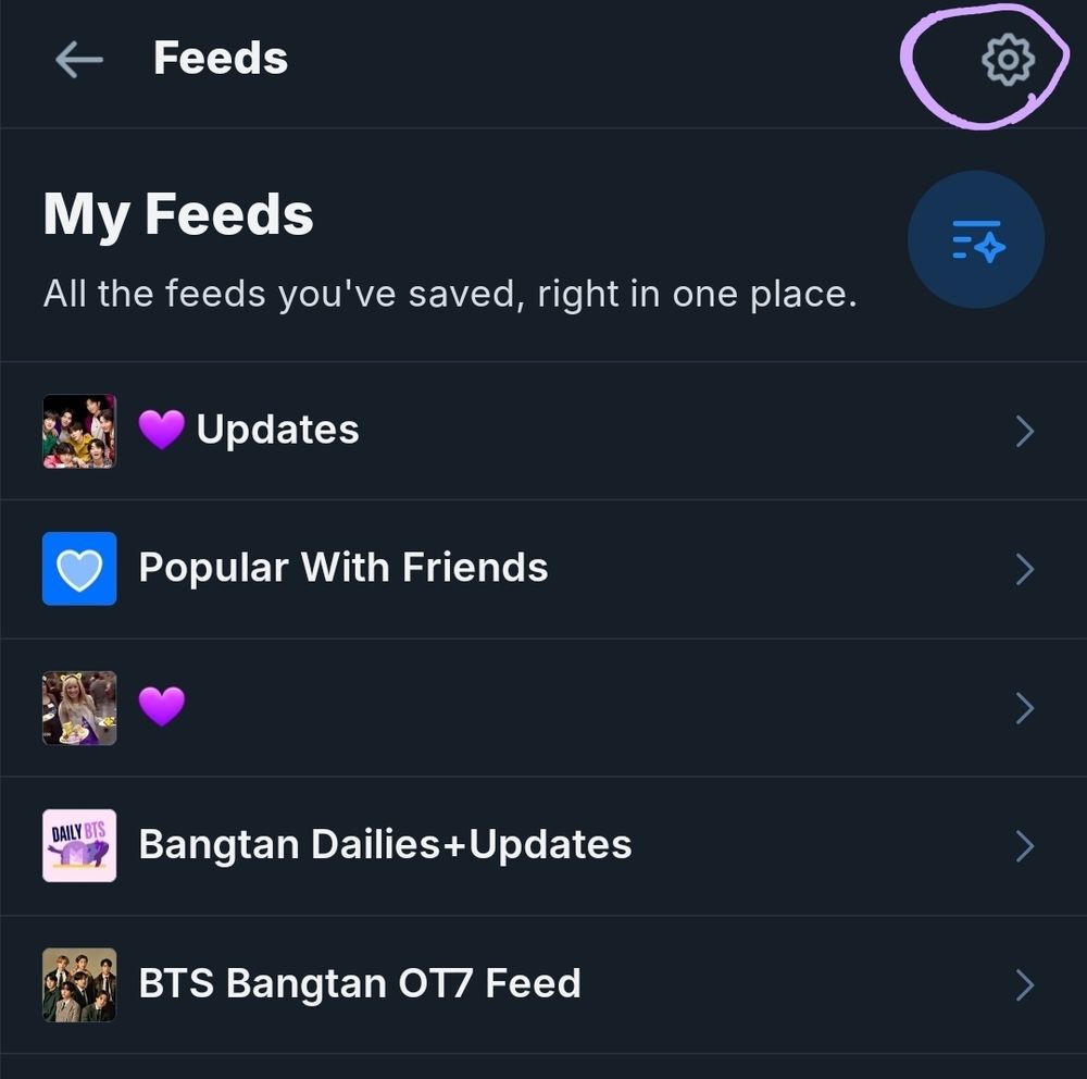 7. Screenshot showing "My Feeds" with the gear icon circled in the top right.