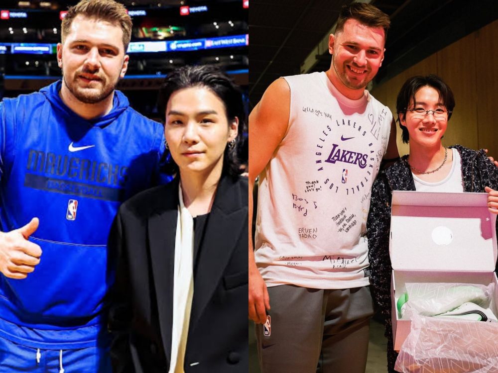 Side by side separate pictures of Yoongi and Hobi with basketball player Luka Dončić. 