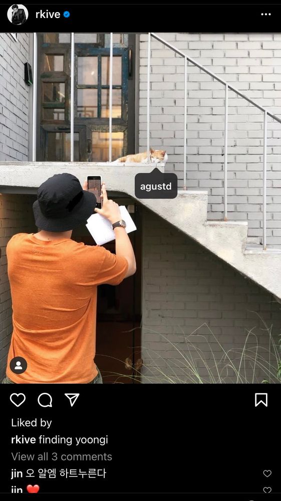 Screenshot from RM's IG. He's taking a picture of a cat, and it's tagged "agustd". The caption says "finding yoongi". 
