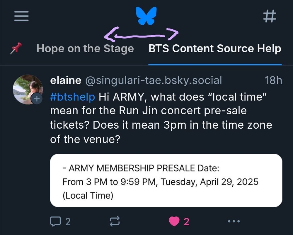 9 & 10. Screenshot showing custom feeds at the top, with arrows drawn to illustrate scrolling left or right.