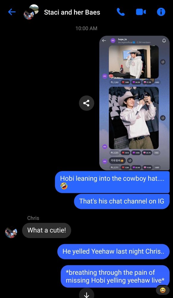 Picture of texts I sent to BF showing pictures of Hobi in a cowboy hat, and my bf calling him a cutie. 