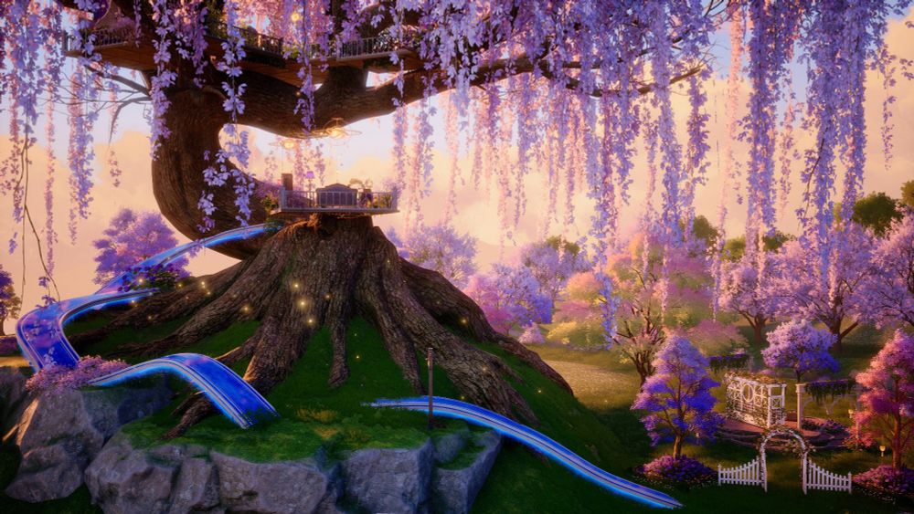 Picture of the giant tree and tree house I built in Infinity Nikki. The picture was taken at sunrise and has a lot of warm glowing pinks and purples in the background. The giant cherry blossom tree has many branches framing the scene, with blue glowing ramps curving around the tree leading up to the tree house in the branches.