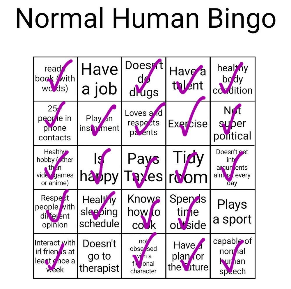 Normal Human Bingo, all checked but "Have a job, Plays a sport, Doesn't go to a therapist" 