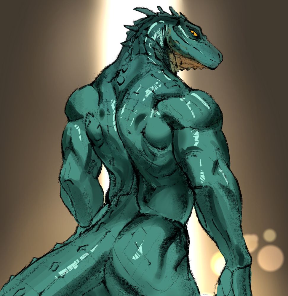 A stylized digital drawing of a muscular anthropomorphic iguana-like character viewed from the back, turning its head to the side with a confident expression. The scalie has teal-green scales, a long tail, and prominent back and arm muscles highlighted by dramatic lighting from behind.
