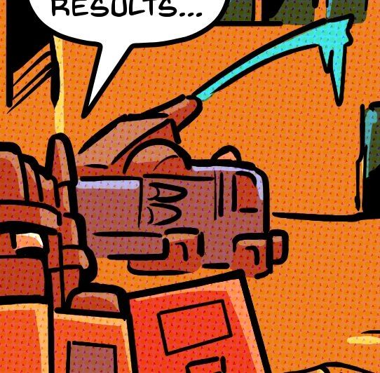 Close crop of a blue Cybertronian firetruck in the background of a comic panel.