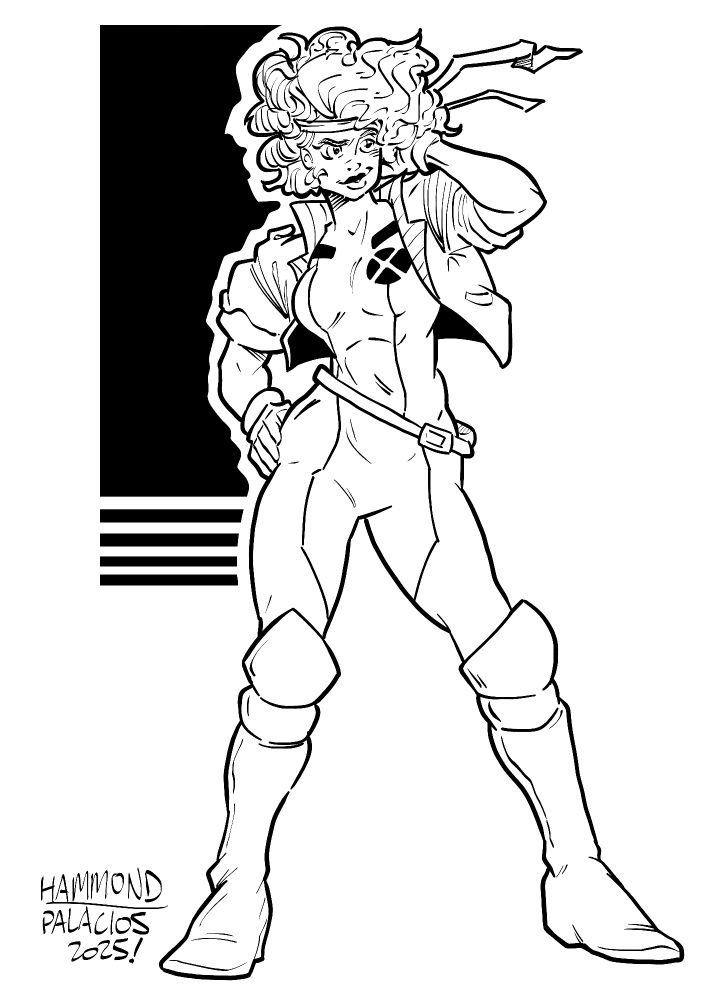 Black and white drawing of the X-Man Rogue with one hand on her hip and the other running through her hair. My inks over Nat Hammond's pencils.