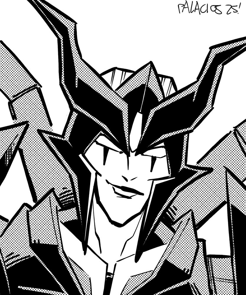 Grayscale portrait of Airachnid from Transformers smirking deviously.