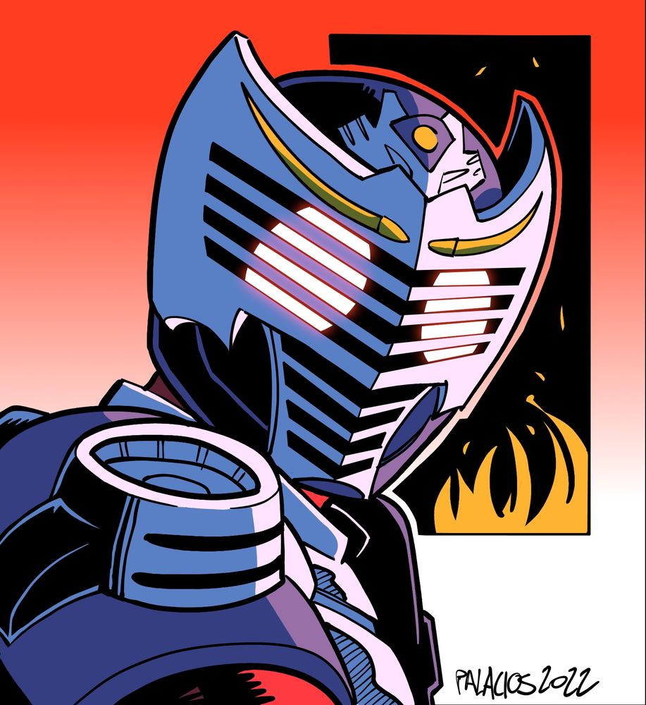 Color portrait of Kamen Rider Ryuki looking over his right shoulder in front of a red gradient background.