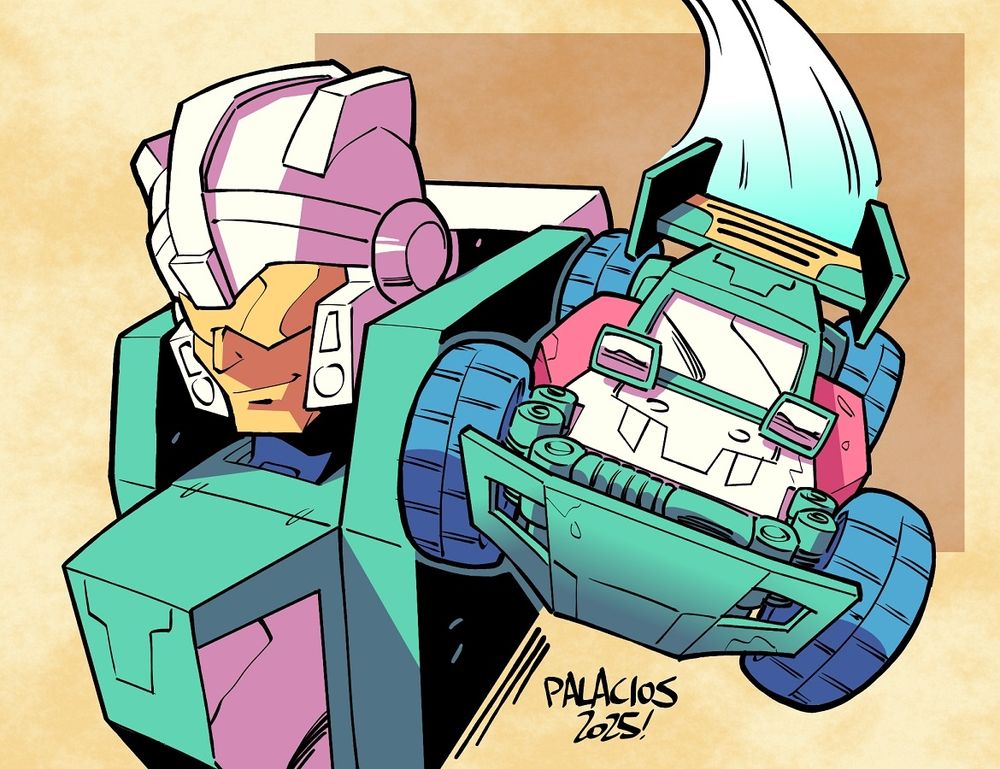 Color illustration showing a bust portrait of the Transformer Joyride alongside his off-road buggy alt mode.