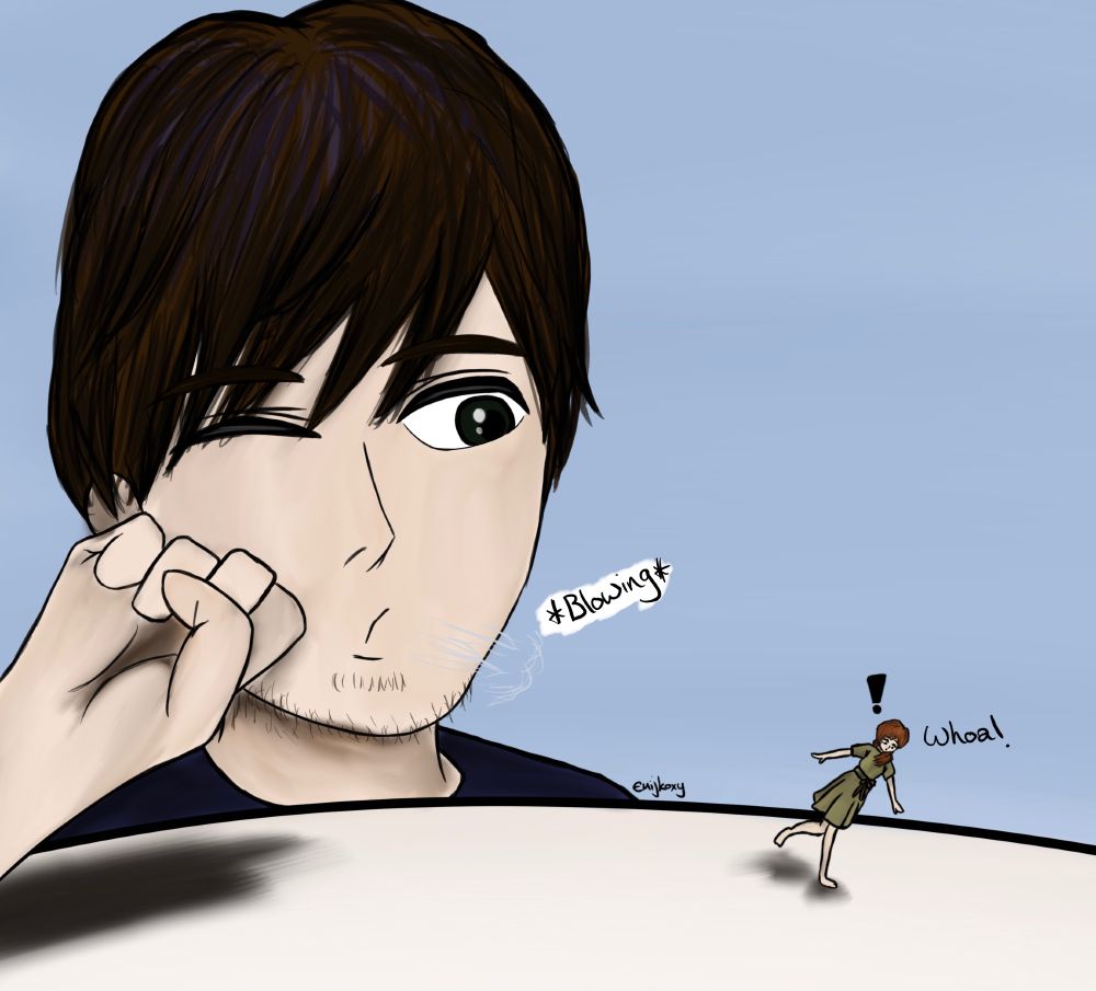 Brown hair man blowing gently to tiny woman and she was stumbling, was like *whoa* 