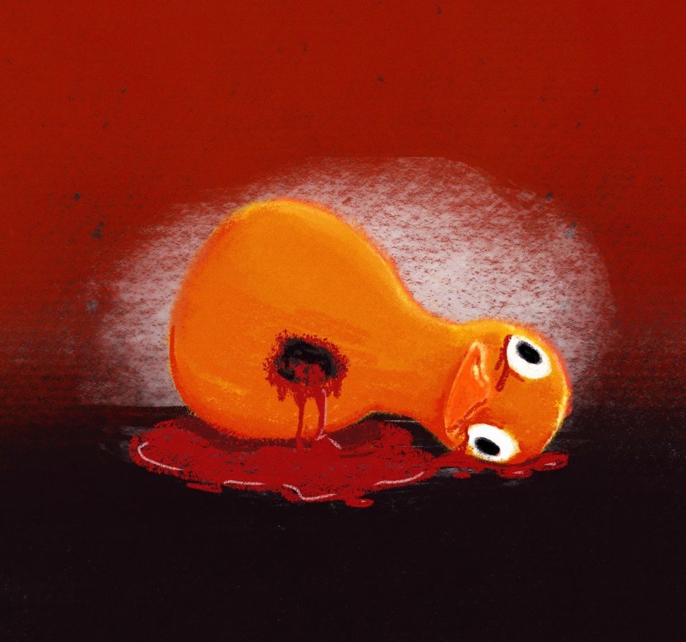 A digital painting of a yellow rubber duck, lying on its side in a pool of blood that is coming from its eyes and a hole in its chest. It's on a red and black background with a white circle behind its body.