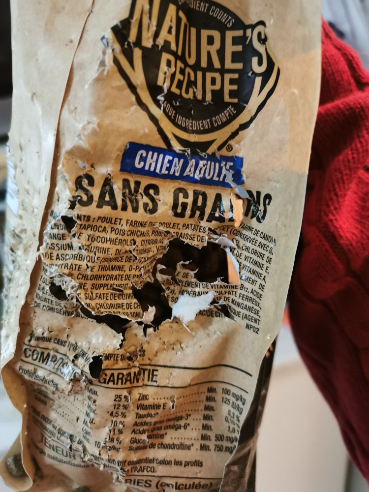 A medium sized bag of Nature's Recipes dog food that has been chewed and torn open on the side