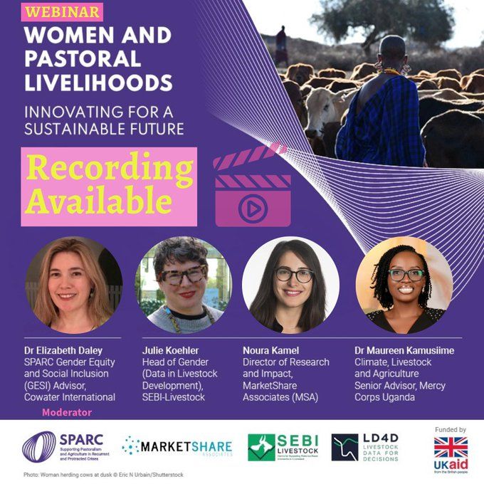 An event flyer that says "women and pastoral livelihoods: recording available" with pictures of four female speakers and their names and titles below.