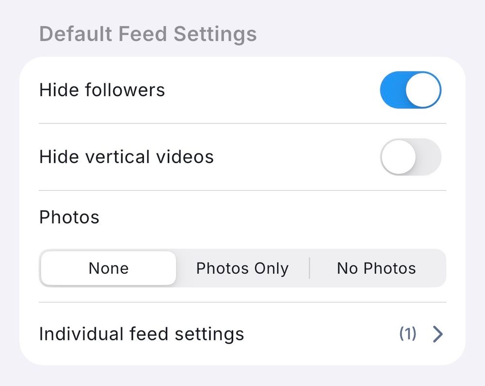 A screenshot from Boost of the feed settings page, showing a toggle to hide following users from feeds.