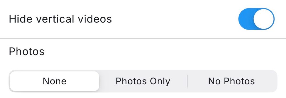 A screenshot of Boost Blue showing new filters - hiding vertical videos and a photos filter.