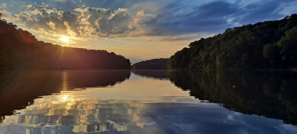 Wide angle shot of sunset over Griffy Lake
