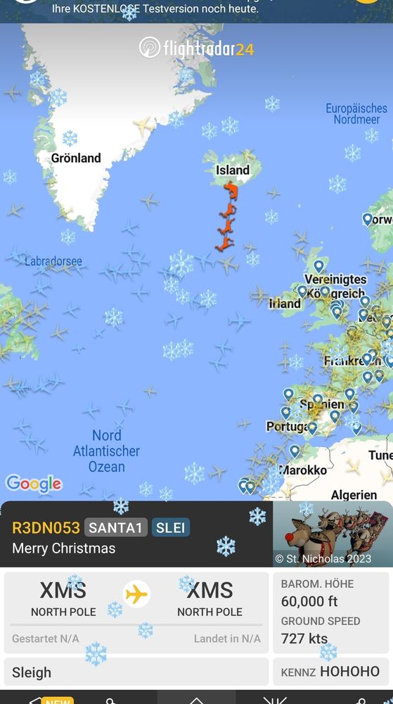 Screenshot von Flightradar mit einem Santa Claus-Schlitten über Island