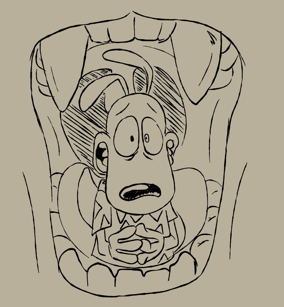 Rocko, from the cartoon Rocko's Modern Life, sitting inside a mouth nervously stating that Vore Day is a very dangerous day.