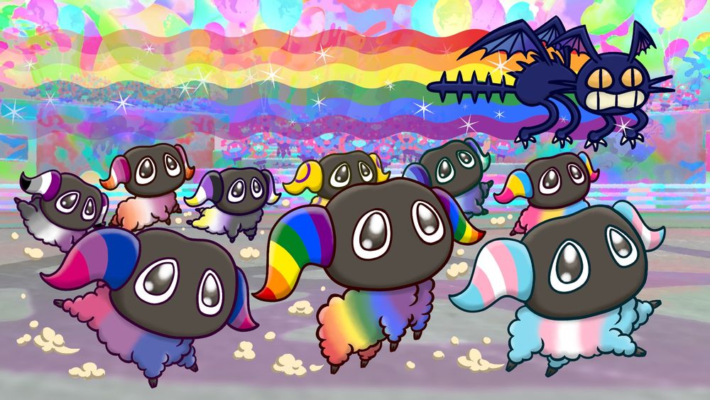 Fan artwork from the game Final Fantasy XIV, depicting a stampede of Yan on the M6S stage. The Yan are all LGBT+ Pride themed, having Pride flag colored horns and wool. The flags are, in the front row from left to right: Bisexual Pride, Gay Pride, Transgender Pride. Back row from left to right: Asexual Pride, Lesbian Pride, Nonbinary Pride, Intersex Pride, Gay Male Pride, Pansexual Pride. A Gimme Cat is flying above the heads of the stampeding Yan, training a sparkling rainbow of the six traditional Pride Flag colors in the style of Nyan Cat.