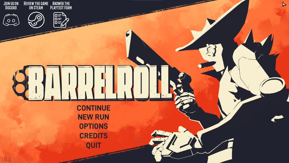 The title screen of Barrel Roll, featuring a robotic cowboy with a revolver.