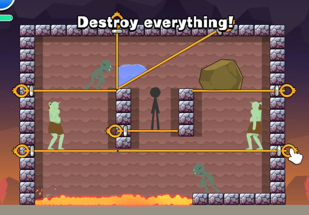 A stickman, two goblins, two orcs, a rock, and some water are suspended by a series of pins over lava.