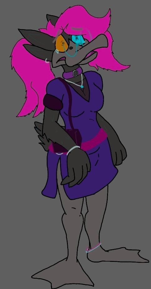 An anthro duck with black feathers and magenta hair wearing a dress. They look a little shocked and confused