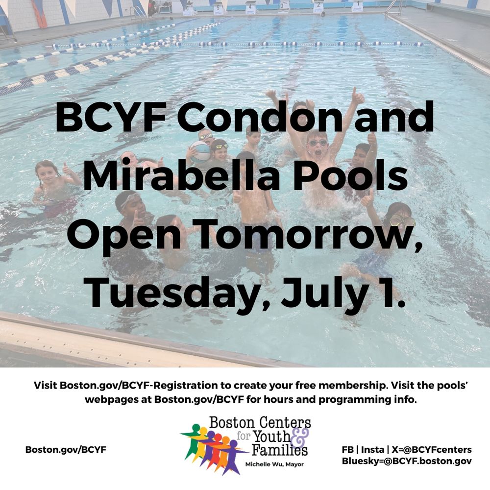 Image with text announcing opening of BCYF Condon and Mirabella Pools.