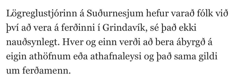 screenshot from previous news article “chief of police of suðurnes warns against being in Grindavík, everyone has to be responsible for their own safety”