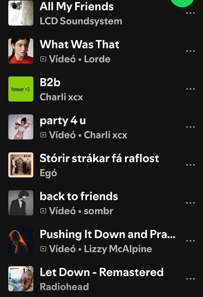 screenshot of the same playlist, party 4 u, Stórir strákar fá raflost, back to friends, Pushing it Down and Praying, Let Down 