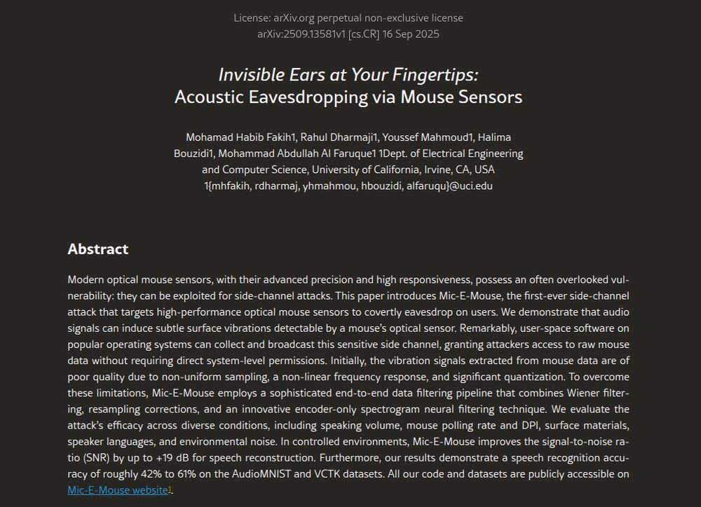 Invisible Ears at Your Fingertips: Acoustic Eavesdropping via Mouse Sensors (arXiv:2509.13581v1 16 Sep 2025)