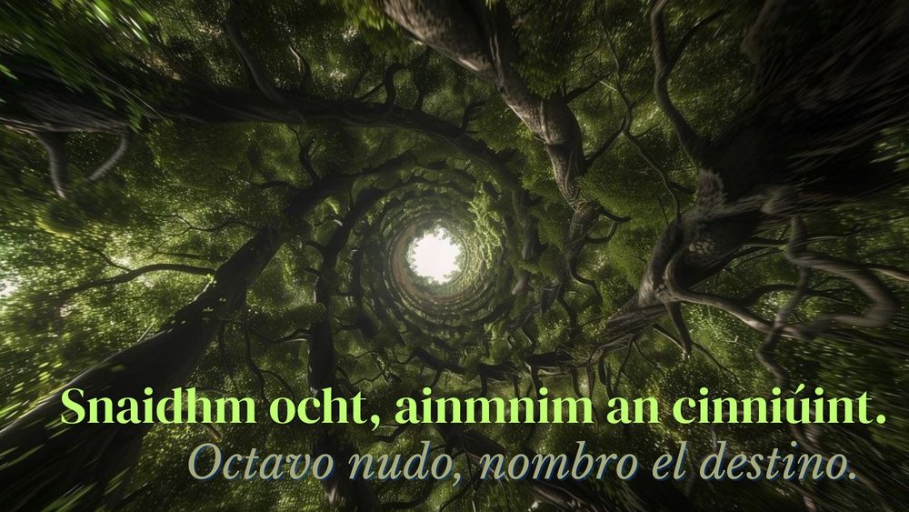 Snaidhm ocht, ainmnim an cinniúint.
  Octavo nudo, nombro el destino.