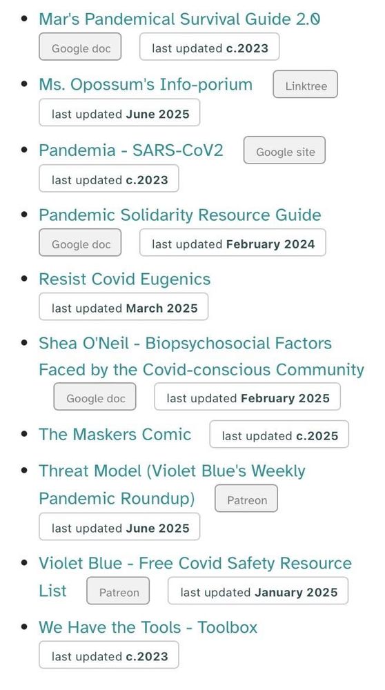 screenshot of links to information repositories, including resources, lists, databases, documents, and useful info