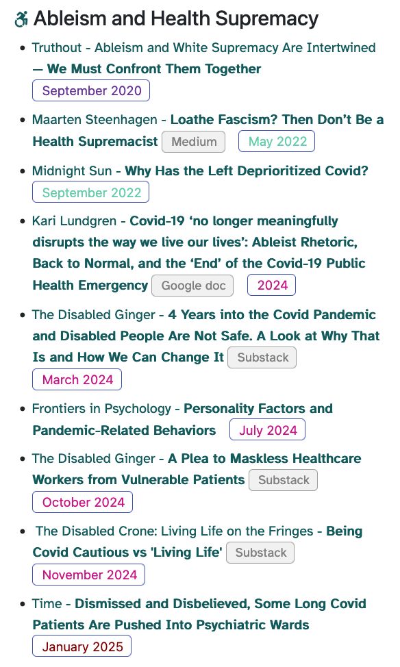 screenshot of text links to stories about ableism and dismissive attitudes towards disabled people throughout the pandemic