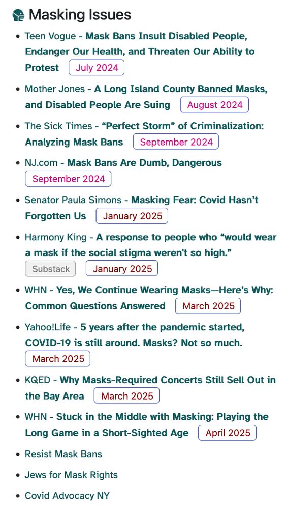 screenshot of text links to stories about mask bans and essays in defense of still masking in 2025