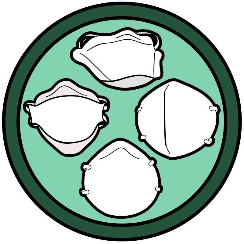 circle badge with four N95/FFP2 respirators (clockwise from top): duckbill pouch, vertical bifold, cup, horizontal trifold