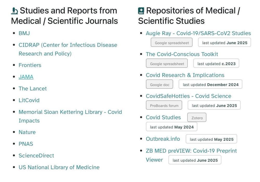 screenshot of text links to studies and reports directly from medical and scientific journals and links to repositories of medical and scientific studies sorted by category or concern.
