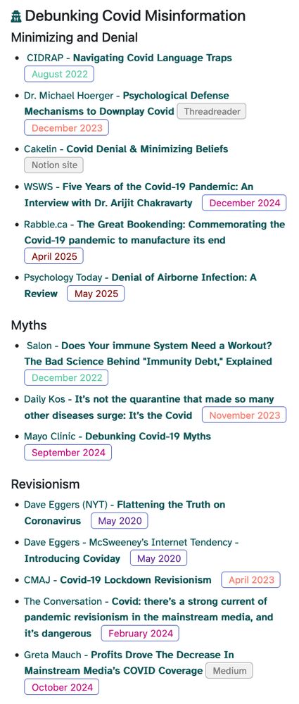 screenshot of text links addressing Minimizing and Denial, Myths, and Revisionism regarding Covid