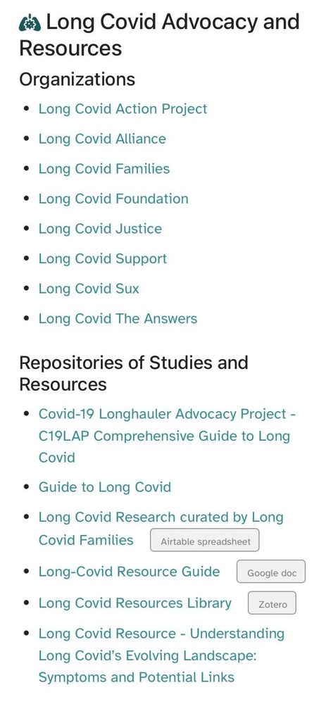 screenshot of text links for long covid advocacy and resources including dedicated organizations and repositories of studies and resources related specifically to long covid