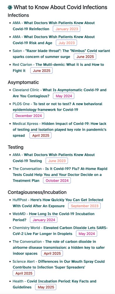 screenshot of text links for articles about Covid Infections, Asymptomatic, Testing, and Contagiousness/Incubation